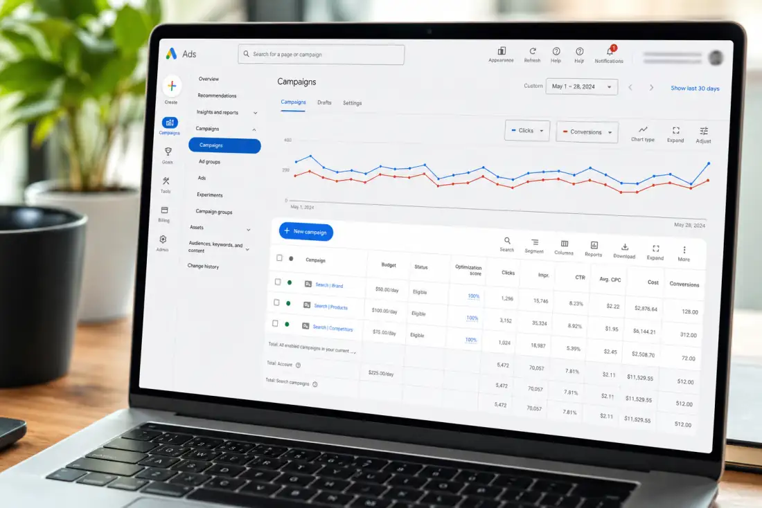 Laptop showing a Google Ads campaign dashboard with keywords, CPC, and conversions